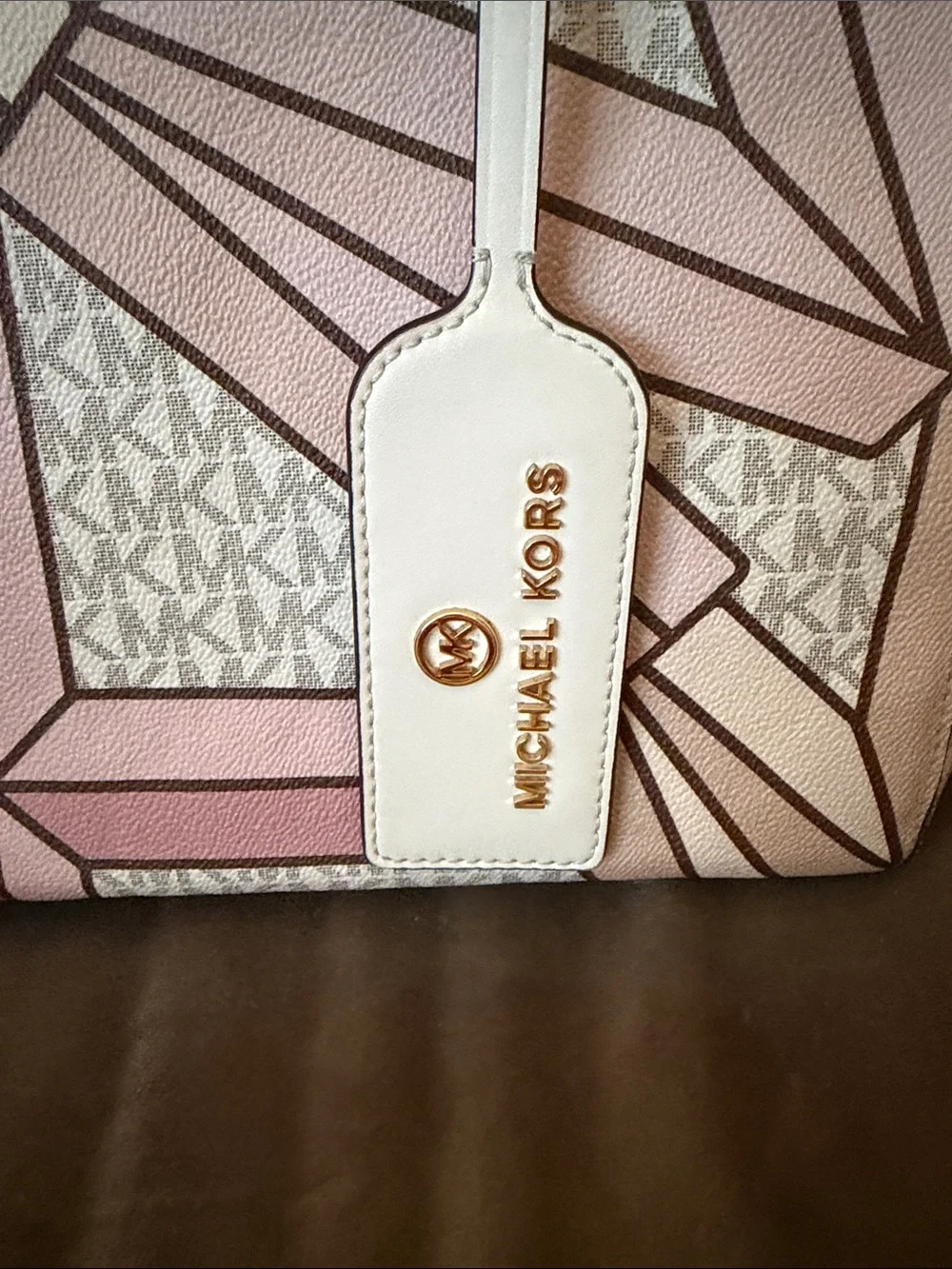 Michael Kors Pink Geo-Print Tote with White Trim